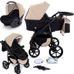 GaGaDumi Boston 3-in-1 Pram & Travel System - Lightweight Foldable Baby Pushchair & Buggy with Car Seat Rear & Forward Facing - Complete Set with Accessories Beige Black