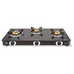 Vidiem Gas Stove GS G3 200A Satin (Silver & Black) | 3 Burner Glass Top Gas Stove | Manual Ignition | Safety, Reliability, High Efficiency | 5 years warranty