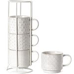 LE TAUCI Stackable Coffee Mugs Set with Stand, Ceramic Espresso Cups for Au Lait, Cappuccino,Latte,Cafe,Mocha,Tea, Suit For Housewarming Wedding- 8 oz, Set of 4,Arctic white