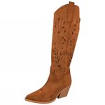 LoudLook Ladies Western Cowboy Boots Below Knee Zip Heel Faux Suede Pointed Toe Winter Shoes Sizes Camel 6