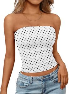 Trendy Queen Womens Strapless Tube Tops Basic Backless Sleeveless Bandeau Going Out Crop Tops Cute 2025 Summer Clothes White Dots M