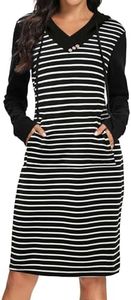 Kimmery Women's Fall Winter Spring Knee-Length V-Neck Long Sleeve Striped Dress Black White Stripes XL