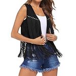 Edhomenn Women's Tassel Vest 70s Hippie Faux Suede Fringe Jacket Cardigan Solid Color Open Front Sleeveless Y2k Jacket (02 Black, L)