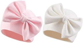 Newborn Baby Girl Hat Cotton Baby Bow Beanie Spring Infant Hats for Girls 0-6Months (White+Pink, Preemie)