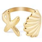 Mikovivi Starfish Seashell Ring, Gold Starfish Ring Stainless Steel Shell Ring Adjustable Artistic Starfish Jewelry for Summer Beach Women Daily Gift