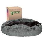 Furhaven Pet Bed for Dogs and Cats - Plush Long Faux Fur Round Ultra Calming Deep Dish Cushion Donut Dog Bed with Removable Washable Cover, Gray, Jumbo (X-Large)