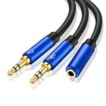 Tan QY Headphone Splitter 1Ft, Headphone Splitter for Computer 3.5mm Female to 2 Dual 3.5mm Male Headphone Mic Audio Y Splitter Cable Smartphone Headset to PC Adapter (1Ft/0.3M, Blue)