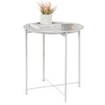 VECELO Side/End Table, Folding Round Metal Anti-Rust and Waterproof Outdoor or Indoor Tray for Living Room Bedroom Balcony and Office, 1 PCS, Beige