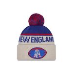 New Era New England Patriots NFL 2024 Sideline Historic Sport Knit Beige Blue Bobble Hat