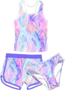 uideazone 15-16 Years Teen Girls 3 Piece Bathing Suits 3D Printed Hawaiian Tropical Theme Swimsuit with Shorts Summer Marbling Bikini Swimwear Sets for Vacation