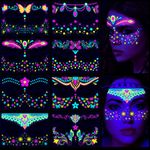 Neon Face Temporary Tattoo,8 Sheet Glow in the Dark UV Neon Face Tattoo Flash Fake Butterflies Waterproof Tattoos Stickers for Festival Makeup Rave Accessories