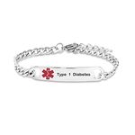 Luluadorn Red Medical Alert Type 1 Diabetes Bracelet for Women Men Emergency First Aid Health Alert Engraved Adjustable Stainless Steel Chain Bracelets