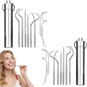 7Pcs Portable Stainless Steel Toothpicks Pocket Set,Reusable Metal Toothpick with Holder,Tartar Remover For Teeth,Oral Cleaning kit for Outdoor Picnic Camping Travel ﻿ (2PC)