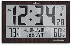 Marathon Slim Atomic Wall Clock. Jumbo Full Calendar Display. Indoor Temperature & Humidity (New Full Display) Color-Wood Tone. SKU-CL030062-FD-WD