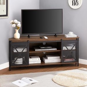 HOMISSUE Corner TV Stand, Rustic Corner TV Stand for 55/60 Inch TV, Industrial TV Stand with Storage, Corner Entertainment Center with Sliding Barn Door, Corner TV Console for Living Room, Brown