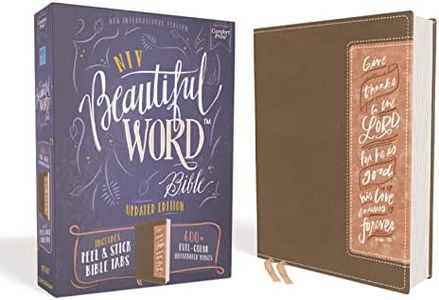 NIV, Beautiful Word Bible, Updated Edition, Peel/Stick Bible Tabs, Leathersoft, Brown/Pink, Red Letter, Comfort Print: 600+ Full-Color Illustrated Verses