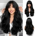 OUFEI Long Wavy Black Wigs With Bangs for Women Natural Synthetic Hair Heat Resistant Wigs for Daily Party Cosplay Wear-26 Inches