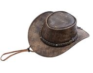 Wombat The Wilds Leather Australian Hat - Brown Distressed Cowhide Women’s & Men’s Cowboy Hats with Neck, Chin Strap, Crushable Bush Aussie Style - XL