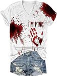 I'm Fine Blood Graphic T-Shirts Blood Stain Hand Shirt Sarcastic Humor Saying Shirts Halloween Horror Movie Tees, White, XX-Large