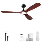 60 Inch Ceiling Fan with Lights, Solid Wood Blades Smart Ceiling Fan with Remote and App Controls, ETL Quiet DC Motor 6 Speed, Timing, High CFM, Dimmable LED Light for Home Office, Black + Red Walnut