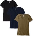 Clementine Apparel Women 3-Pack V Neck T-Shirt Short Sleeve Basic Tee, Black, Military Green, Navy, X-Large