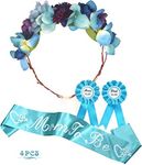 Baby Shower Decoration for Mom To Be and Dad To Be, Dark Blue Flowers style Tiara + Blue & White Sash + Blue & White "Dad to be" pin, Maternity Gift for Her and Him