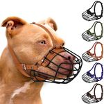 Pitbull Dog Muzzle Breathable Metal Basket for Large Dogs Amstaff Staffordshire Terrier Secure Wire Mask Adjustable Durable Leather Straps Biting Chewing Barking (Brown)