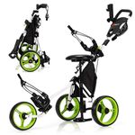 Goplus 3 Wheel Golf Push Cart, Lightweight Foldable Caddy Cart w/Adjustable Seat, Handle, Umbrella Holder, Foot Brake, Golf Trolley for Golf Bags, Collapsible Golf Pull Cart for Men Women (Green)