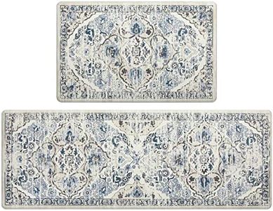 Ileading Kitchen Anti Fatigue Mat Set of 2 Non Skid Waterproof Kitchen Floor Mat Vintage Cushioned Comfort Standing Mat Boho Kitchen Rug Runner for Kitchen Sink Laundry, 17"x47"+17"x28", Blue