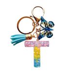 Cute Initial Letter Keychains for Women Girls Tassel Butterfly Multi-Color Keychain for Backpack School Bag (T-Pink Yellow Blue)