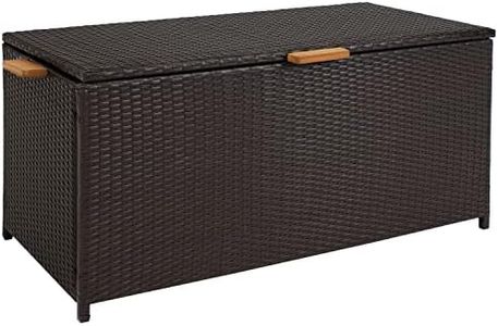 Sunnydaze 75-Gallon Faux Wicker Outdoor Deck Storage Box with Acacia Wood Handles - Hinged Lid - Brown