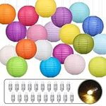 LIHAO 20PCS Paper Lanterns 8 inch Colorful Paper Lantern with Warm White LED Balloon Lights Chinese Lanterns Assorted Colors Hanging Paper Lanterns Lamp Decorations