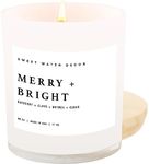 Sweet Water Decor Merry and Bright Soy Candle - Bayberry, Clove, Nutmeg, Ginger, Cypress and Cedar Scented Holiday Candles for Home - 11oz White Jar + Wood Lid, 50+ Hour Burn Time, Made in the USA