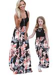 YMING Mommy and Me Maxi Sleeveless Splice Dress Boho Matching Stitching Dress Long Round Neck Dress BLK Flower XL