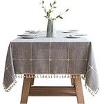 Deggodech Simple Elegant Tassel Tablecloth Cotton Linen Table Cloth Washable Rectangular Grey Grid Dust-proof Table Cover for Kitchen Dinning Table Decoration (Grey Grid, 140 * 180cm/55"*71")