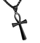 HZMAN Men's Black Stainless Steel Coptic Ankh Cross Religious Pendant Necklace, 22+2" Rope Chain (Black)