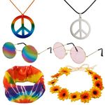 70s Hippie Costume Accessories Set (6 Pack), 2pcs Necklaces Tie Headband, Sunglasses, Groovy Party Jewelry Outfit Accessories