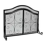 WBHome Fireplace Screen with Doors Large Flat Guard Metal Decorative Mesh Cover Baby Safe Proof Wrought Iron Firewood Burning Stove Accessories Black (45”L x 15’’W x 33’’H)