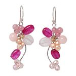 NOVICA Artisan Handmade Cultured Freshwater Pearl Rose Quartz Cluster Earrings Stainless Steel .925 Sterling Silver Multigem Multicolor Pink White Beaded Dangle Thailand, Pearl, Quartz