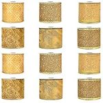 BELLE VOUS 12 Pack Christmas Ribbon - 2.7M x 63mm Wide Wired Gold Organza Ribbon in Assorted Designs - Decorative Christmas Tree Ribbons for Xmas Party Christmas Tree Decoration Bows Gift Wrap