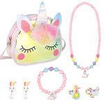 Bestomrogh Unicorn Crossbody Bag Purse with Jewelry Set, Little Girls Unicorn Rings Bracelets Necklaces Princess Dress Up Accessories Jewelry Party Favors Gift