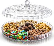 Clear Round Divided Snack Serving Tray, 12" Appetizer Tray with Lid, 6 Compartments Round Plastic Food Storage Organizer for Dried Fruits, Nuts, Candies, Sweet Cookies and Fruits