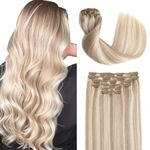 Sindra Blonde Clip in Hair Extensions Real Human Hair Ash Blonde Highlights Bleach Blonde Clip in Hair Extensions 14 Inch 100g 6pcs Human Hair Extensions Clip in for Women Hair Extensions C14#18P613