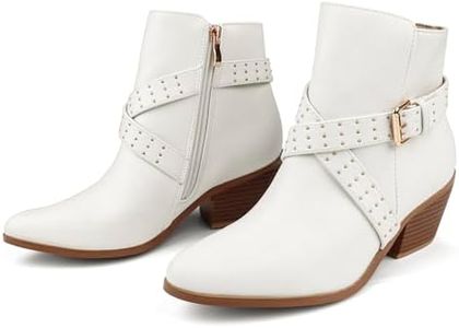 JOY IN LOVE Ankle Boots for Women Low Chunky Heel Zipper Booties, White Matte, 7 US