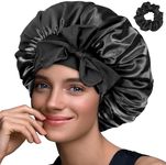 1PC Satin Bonnet, Silk Sleep Bonnets for Women, Adjustable Satin Night Sleeping Cap Soft Elastic Band Silk Bonnets for Sleeping, Hair Bonnet with Tie Band for Curly Hair Braid Women Black