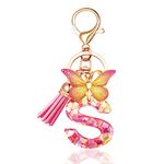 JINGUAZI Initial letter Keychains for Women Tassel Butterfly Pink Purple Cute Car Keychain for Wallet Backpack bag charm, S-pink, Keychains