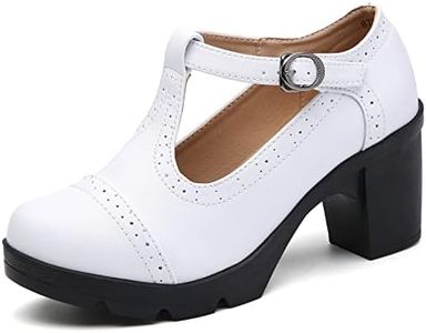 DADAWEN Women's Leather Classic T-Strap Platform Chunky Mid-Heel Mary Jane Square Toe Oxfords Dress Pump Shoes White US Size 8