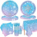 Xindtek 126 Pcs Frozen Birthday Party Supplies Disposable Winter Snowflake Paper Plates Napkins Cups Forks Tablecloth for Christmas Winter Wonderland Frozen Birthday Party Decorations Serves 25