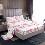 Girly Bowkont Bed Sheet Set Queen,Watercolor Pink Bow Princess Style Soft Microfiber Sheet Set for Bedroom Decor,3D Bowknot Girls Women Fitted Sheet + Flat Sheet + 2 Pillow Cases