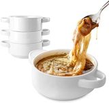 Modern Innovations 20 oz French Onion Soup Bowls with Handles in White Oven and Microwave Safe Bowl, Stoneware Stackable, Large Ceramic Crocks, 2 Handle Crock